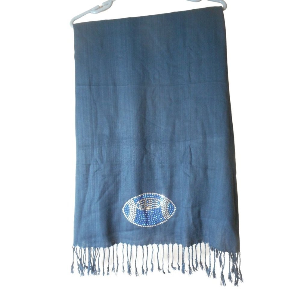 Blue Silver rhinestone like Football fringe scarf Acrylic 28 x 68.5 EUC